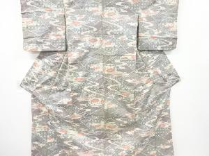 アンティーク　流水花模様織出し手織り節紬着物